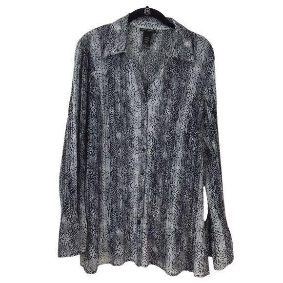 Lane Bryant Top Size 18/20 Black White Geo Print Sheer Button Up Long Sleeve - Picture 1 of 9